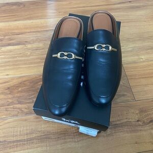 Coach Black Leather Loafer Mules with Gold Accent